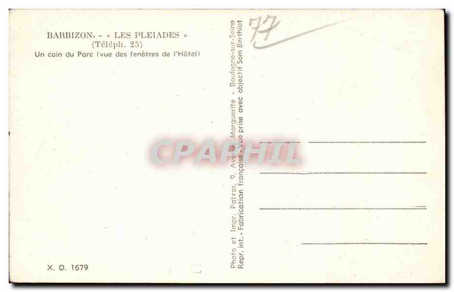 CPA Barbizon Les pleiades Un coin du parc vue des fenetres de l hotel — Rückseite