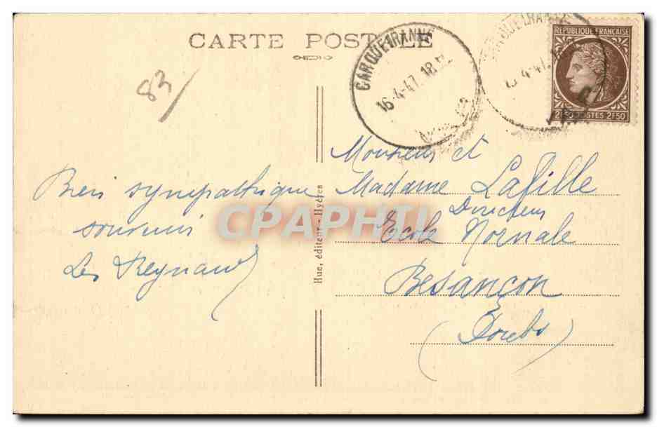 Hyères-les-Palmiers — Blick auf die Sonnenstrahlen am Meer am Strand — Im Hintergrund die Îles d'Or — Verlag E. Hue, Nr. 195 — Rückseite