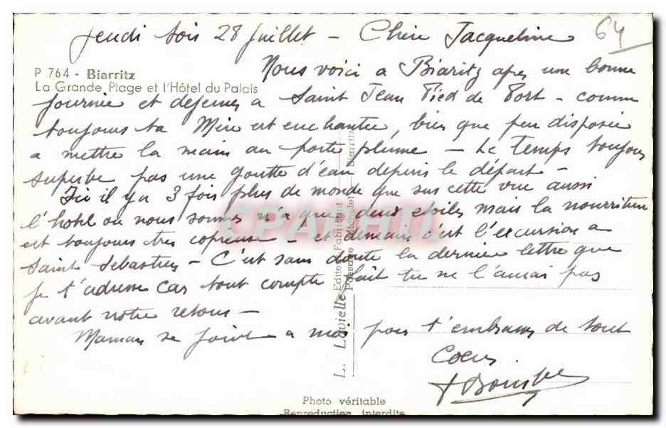 Biarritz — La Grande Plage et l'Hôtel du Palais — P 764 — Rückseite