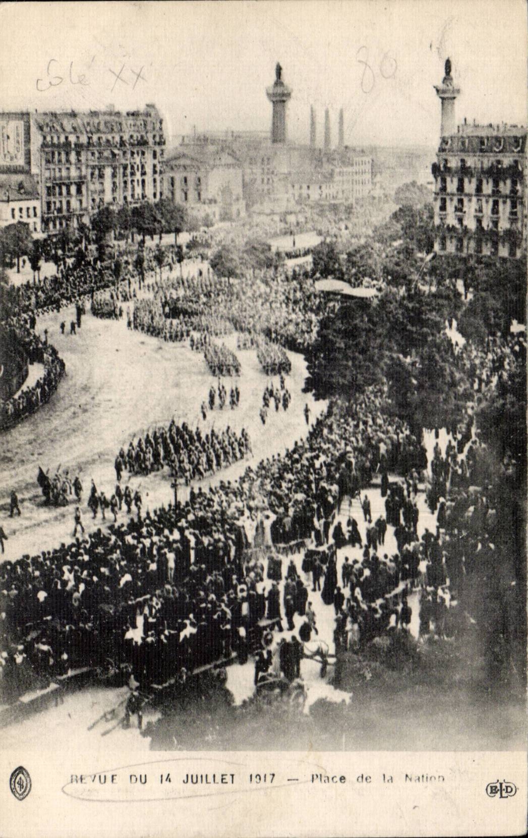 Revue du 14 juillet 1917 — Place de la Nation — E. La Daley, imp. - édit. 127, Boulevard de Sébastopol, Paris