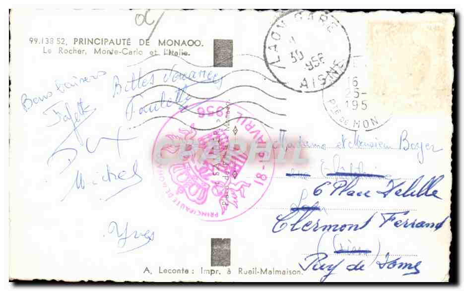 Monaco - Le Rocher - Monte Carlo - Italie - CPA  — Rückseite