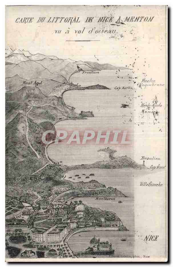 Nice a Menton - Illustration - Carte du Littoral - CPA 