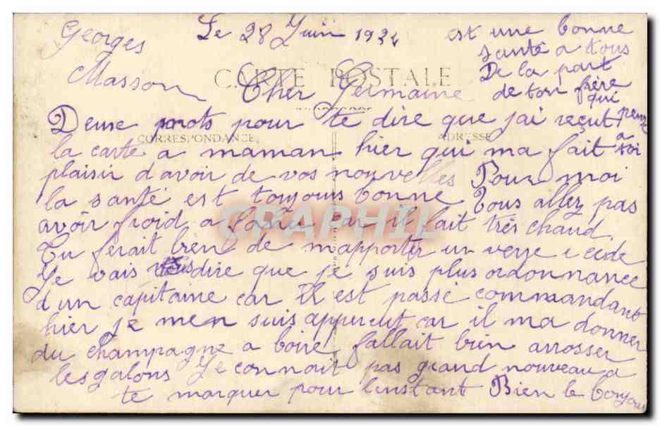 Soldats en uniforme — groupe devant une cuisine — carte postale datée 1931 — Verso