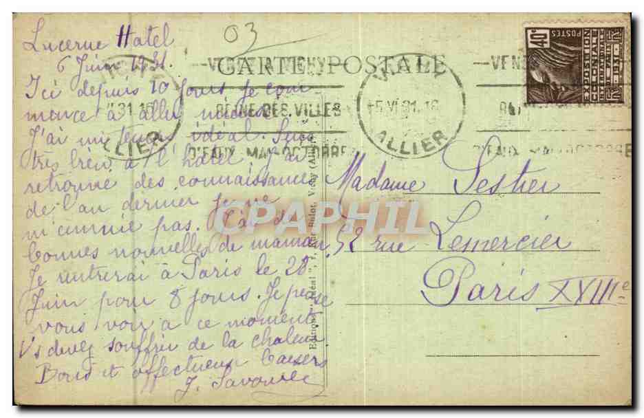Vichy - Villa Sevigne - CPA — Rückseite
