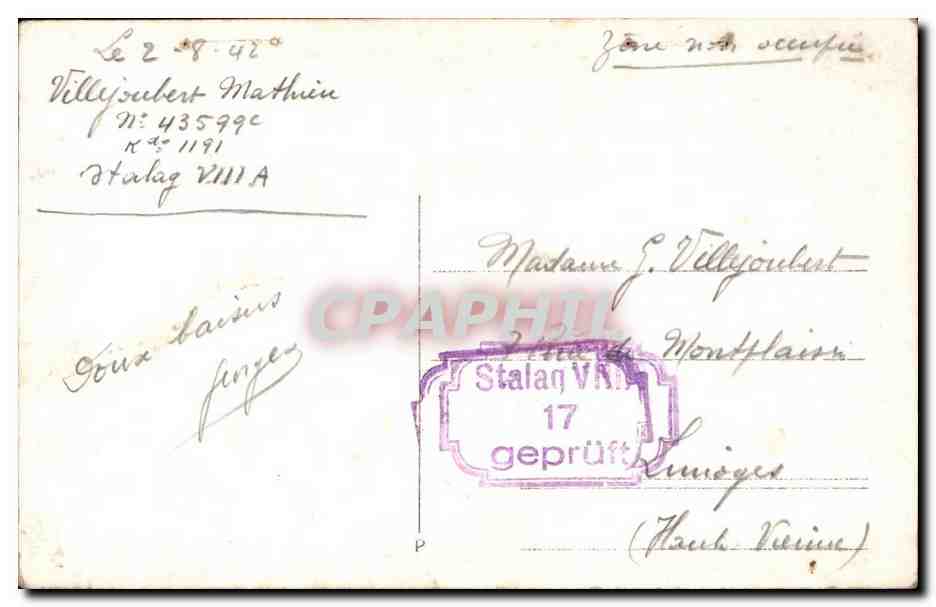 CARTE PHOTO Militaria Villy joubert Stalag VIII A 1942 — Rückseite