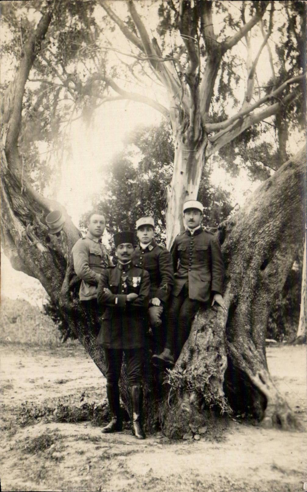 Tres militares — bajo un gran árbol — editor desconocido, número de serie no visible