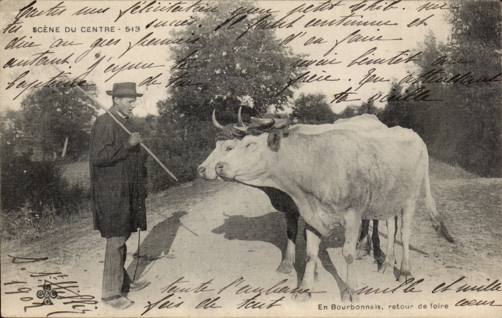 Folklore - Costumes - En Bourbonnais - retour de Foire - Scene du Centre - vache - cow - CPA 