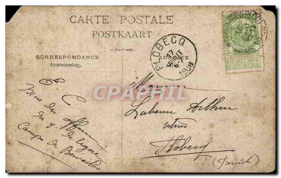 Groupe de travailleurs devant un wagon — Flobecq, 1909 — Verso
