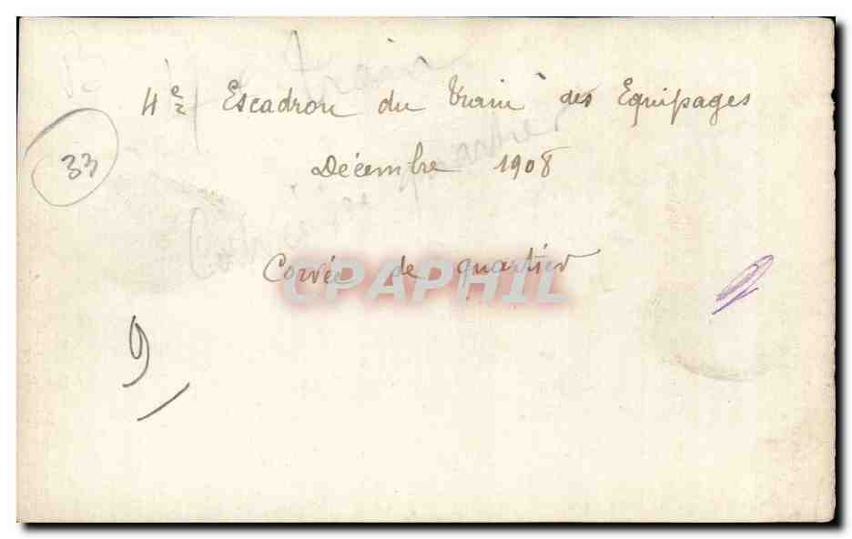 CARTE PHOTO Militaria Soldats Escadron du Train 1908 — Rückseite