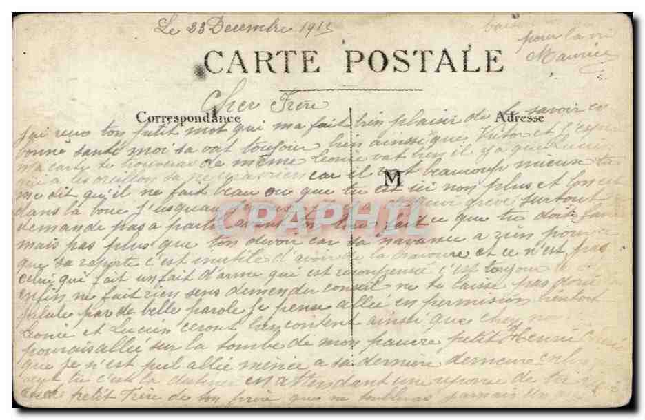 Cinq soldats — en tenue d'hiver — Carte postale datée 8 décembre 1913 — Verso
