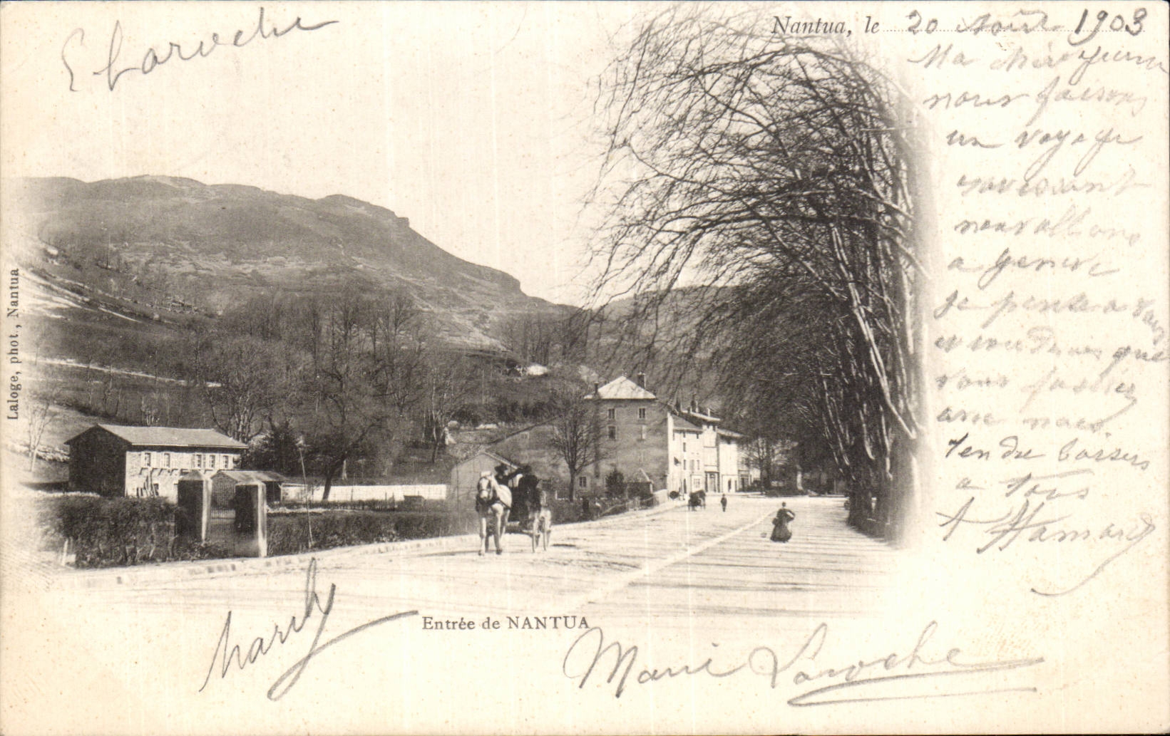 Entrada de NANTUA — vista de la carretera y del pueblo — Laloige, fot. Nantua