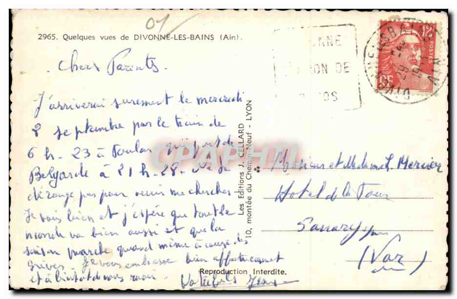 Divonne-les-Bains — vue panoramique et hôtels — Éditions J. Cellard — Verso