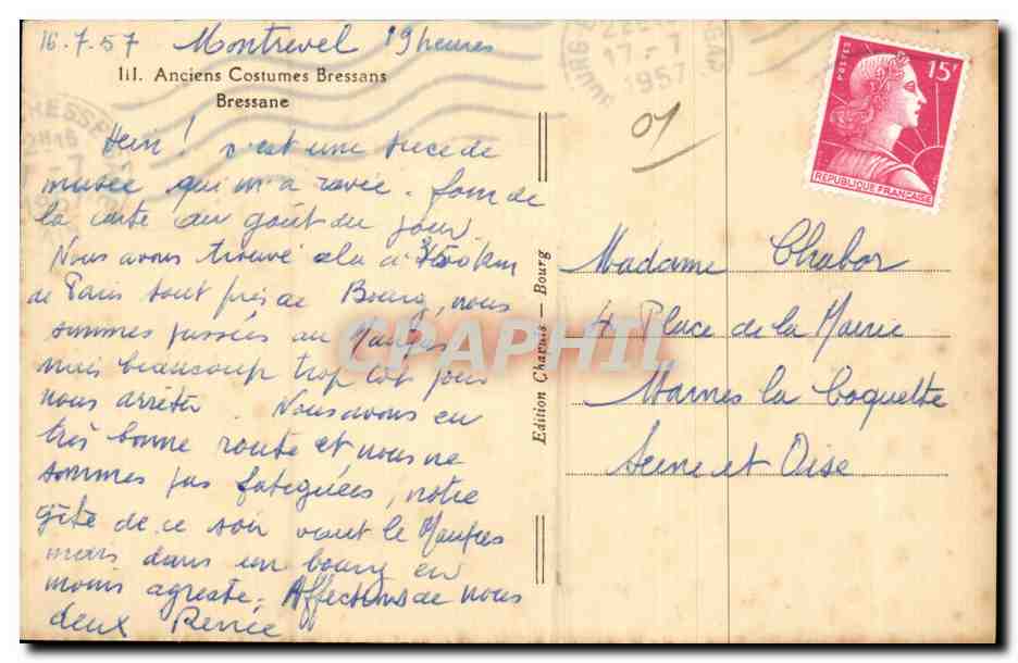 Femme en costume traditionnel bressan — III. Anciens Costumes Bressans — Édition Chapuis - Bourg — Verso