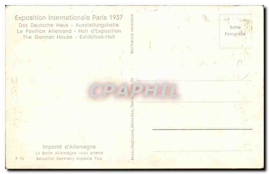 Paris - Exposition Universelle de 1937 - Das Deutsche Haus - Ausstellungshalle - CPA — Verso