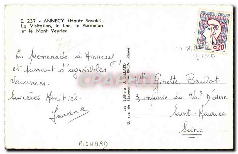 Annecey — La Visitation, le Lac, le Parmelan et le Mont Veyrier — Les Éditions J. CELLARD — Rückseite