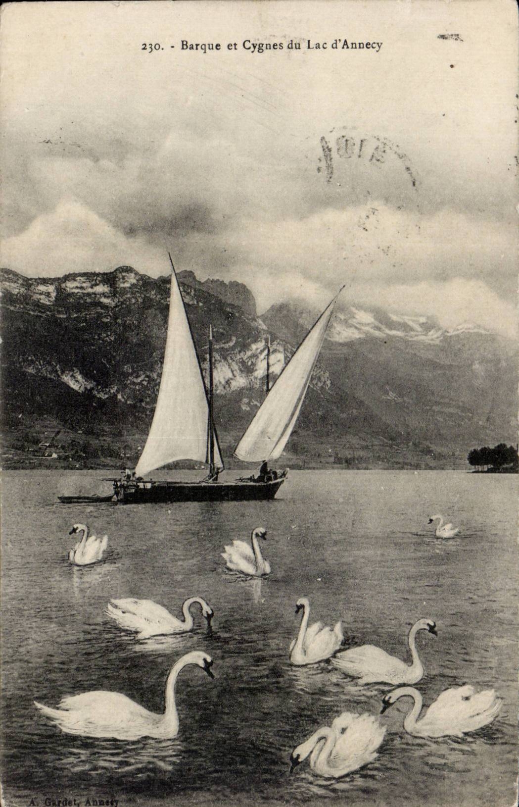 Lac d'Annecy — Barque à voile et cygnes — A. Gardel, Annecy