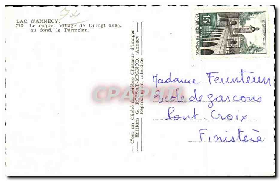 Lac d'Annecy — Le Coquet, village de Duingt avec le Parmelan au fond — Éditions G. Rossat-Mignod, n°773 — Verso