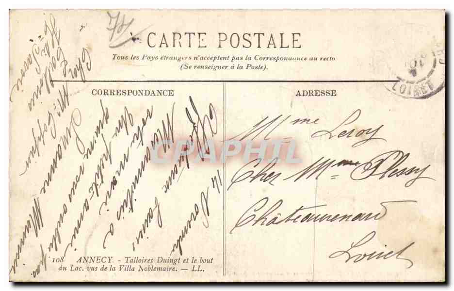 Annecy — Vue du lac et de la villa noble — Éditeur anonyme, n° 108 — Rückseite