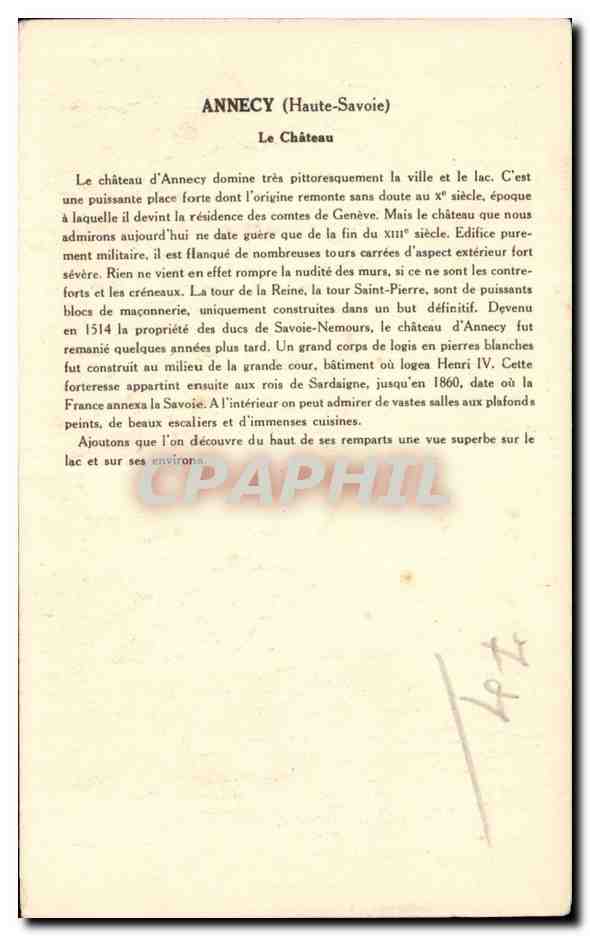Annecy (Haute-Savoie) — Le Château — Collection de la Solution, Pauanoberge — Verso