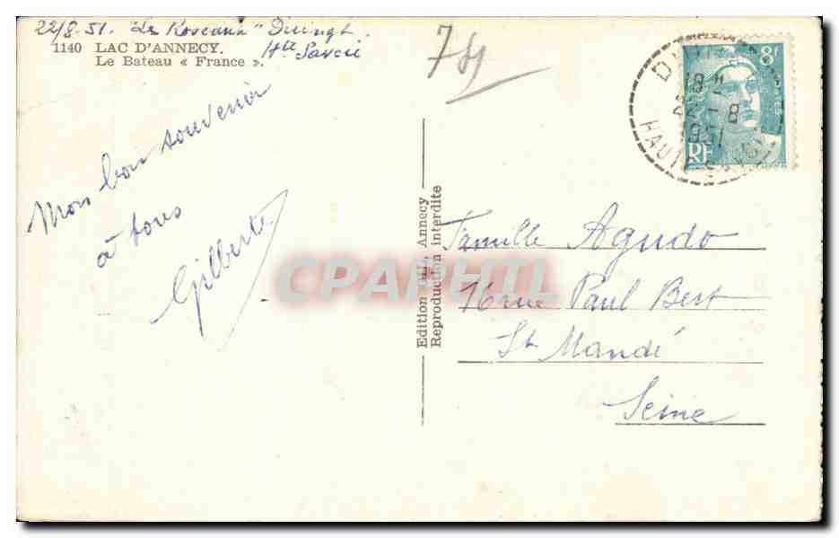 Lac d'Annecy — Le Bateau « France » — Édition 1914, Annecy, n° 2318-51 — Rückseite