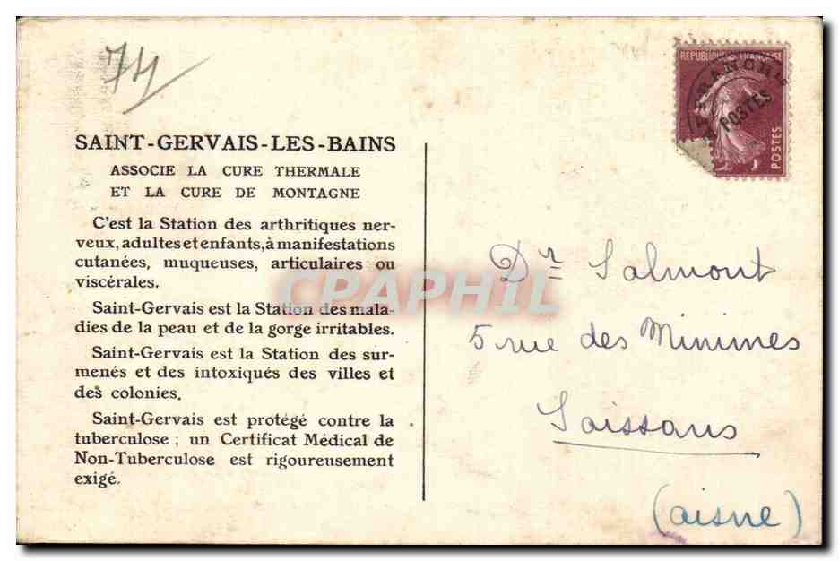 Saint-Gervais-les-Bains (Haute-Savoie) — Les Aravis et la Plaine du Fayet — Cure de Montagne - Cure Thermale 1er Juin-30 Septembre — Achterkant