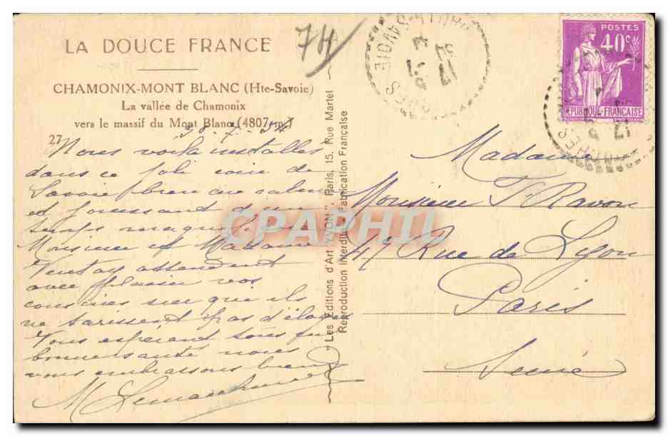 Chamonix - Mont Blanc - Vue Generale - La Douce France - Yvon - CPA  — Verso
