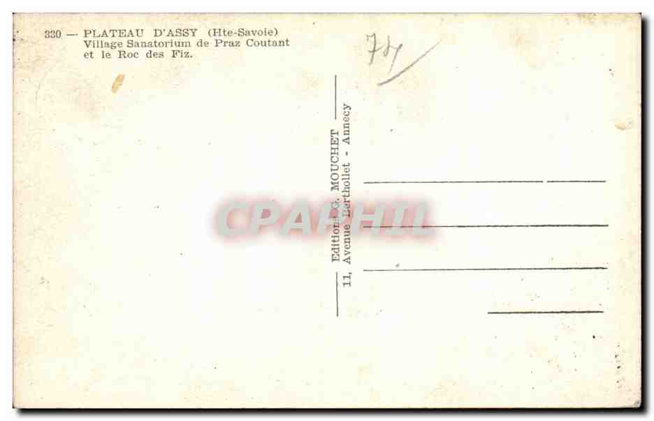 Plateau d'Assy (Haute-Savoie) — Village Sanatorium de Praz Coutant et le Roc des Fiz — Édition G. Mouchet, Annecy — Reverso