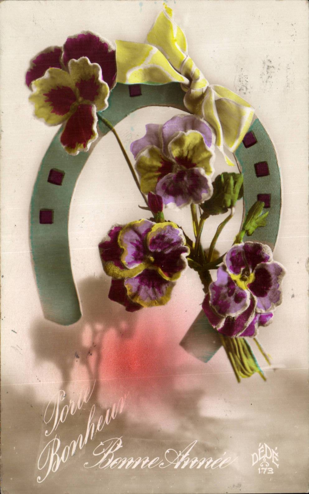 CPA Fantaisie Fleurs et fer a cheval Bonne annee