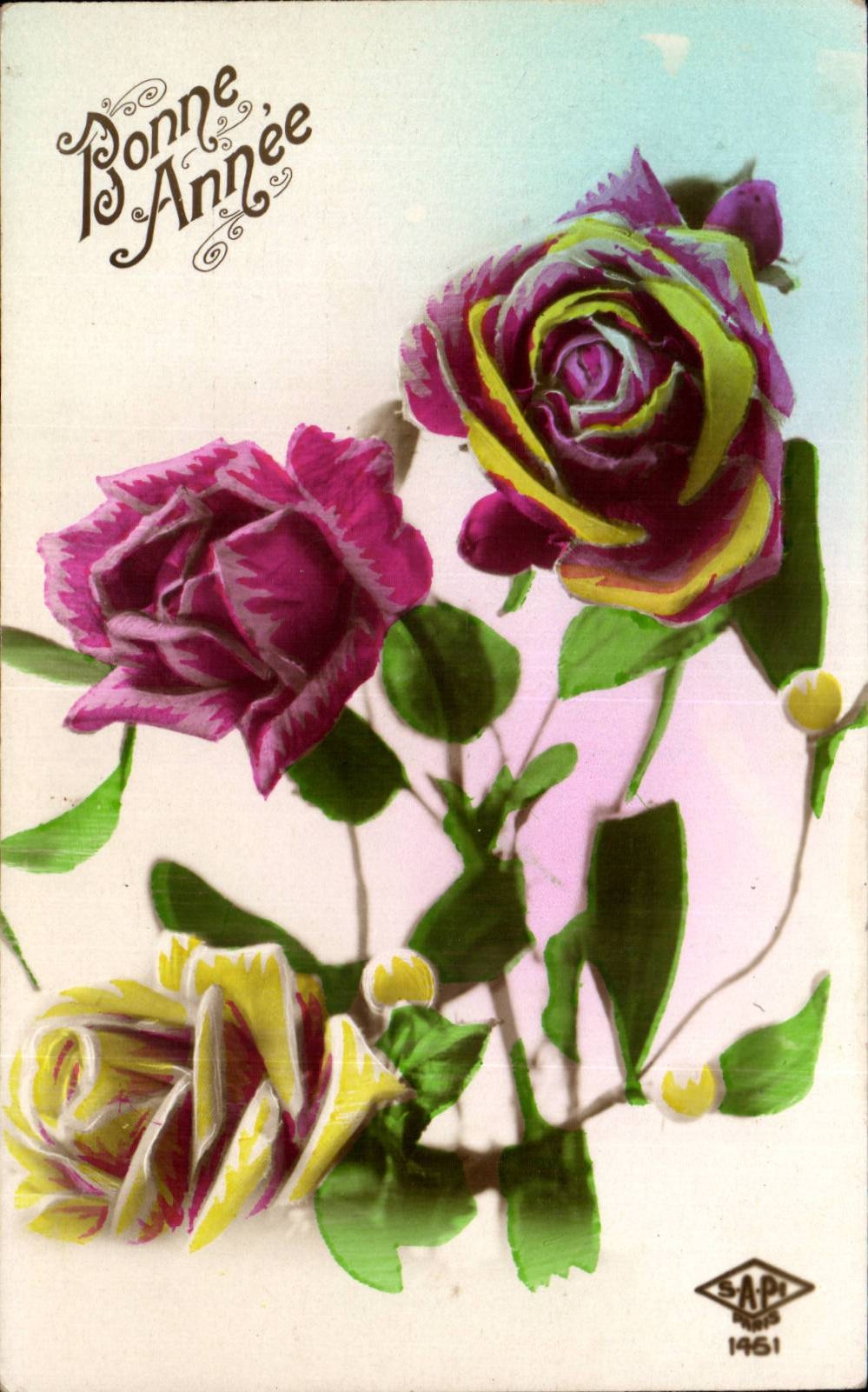 CPA Fantaisie Fleurs Roses Bonne annee - Recto