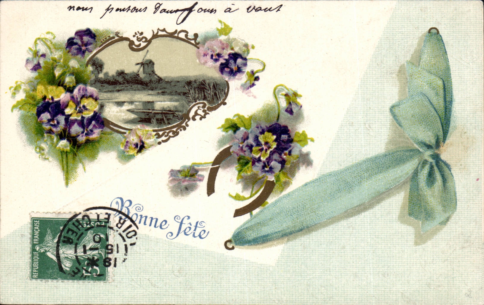 Vendôme — Neujahrs-Karte mit Blumenmuster und Mühle — In Deutschland gedruckt, Serie 712