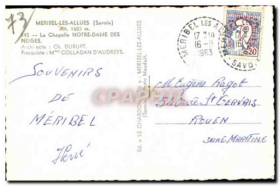CPSM Meribel Les Allues La chapelle Notre Dame des Neiges  — Rückseite