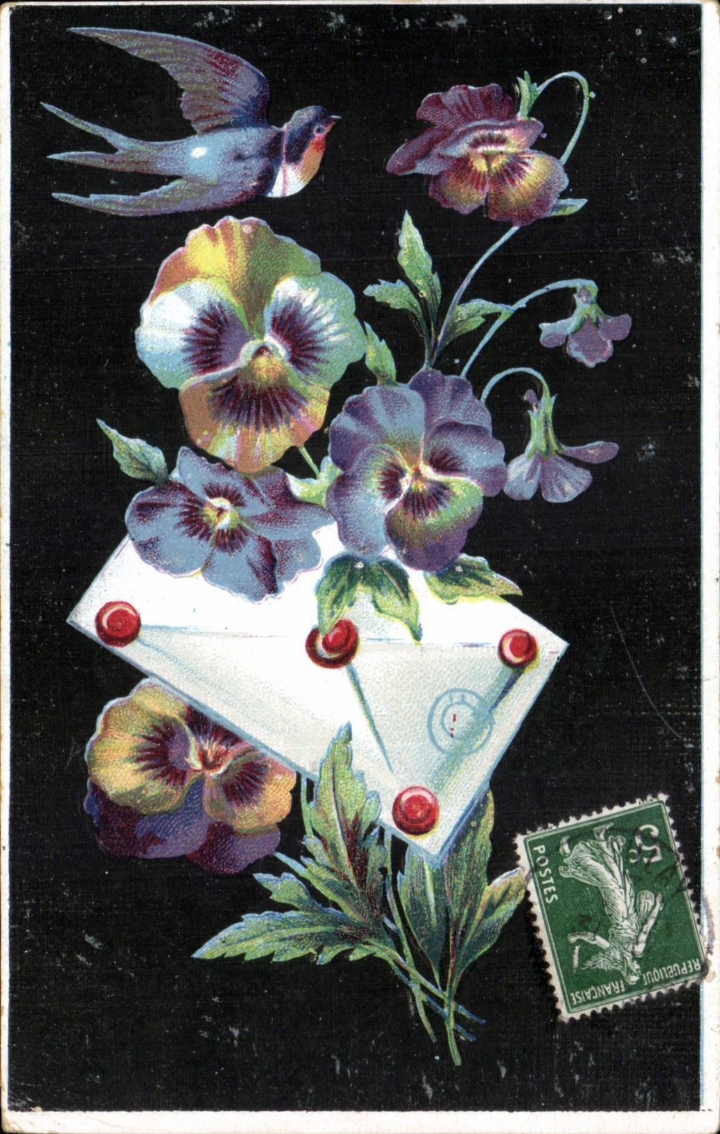 Oiseau et fleurs — enveloppe et timbre — éditeur non visible