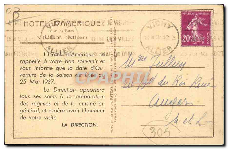 CPA Vichy Hotel d Amerique — Verso