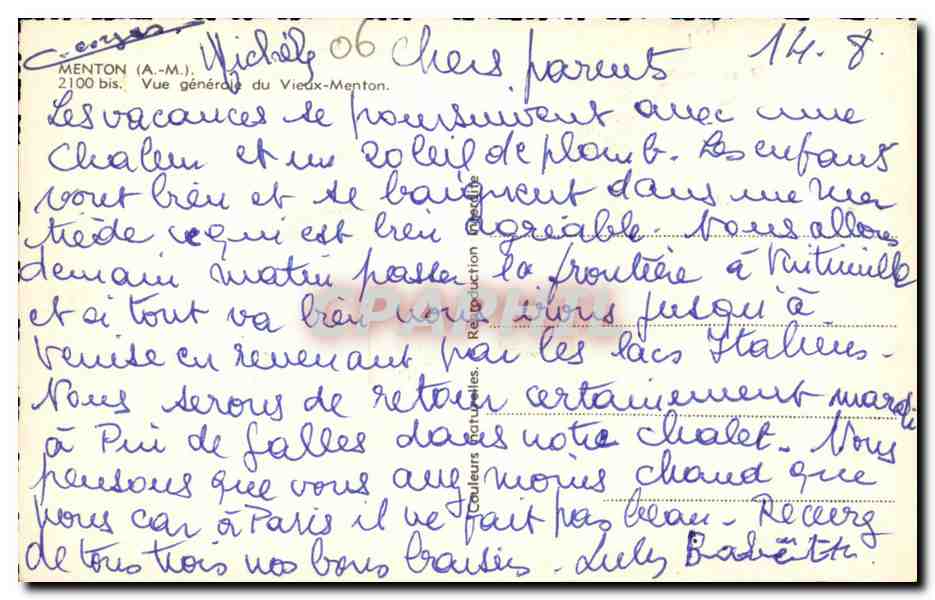 CPA Menton Vue generale du Vieux Menton  — Rückseite