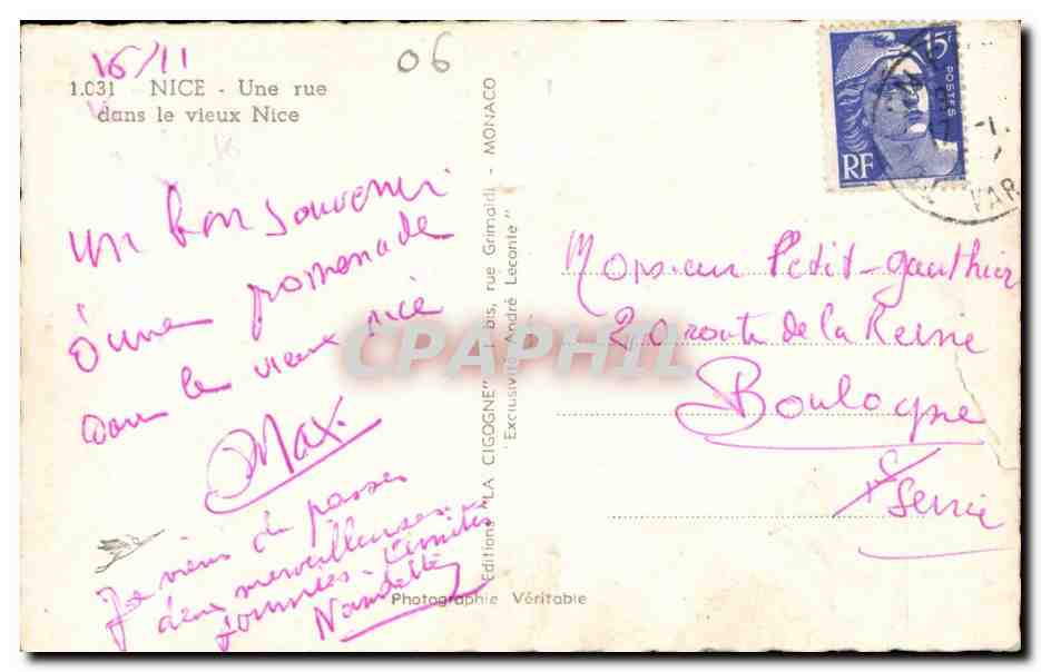 CPA Nice Une rue dans le vieux Nice — Rückseite