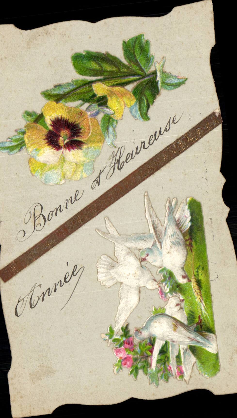 Bonne et Heureuse Année — Fleurs et colombes — Carte postale