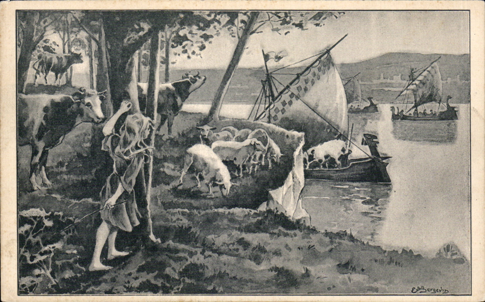 CPA Millenaire Normand Vache Moutons Viking