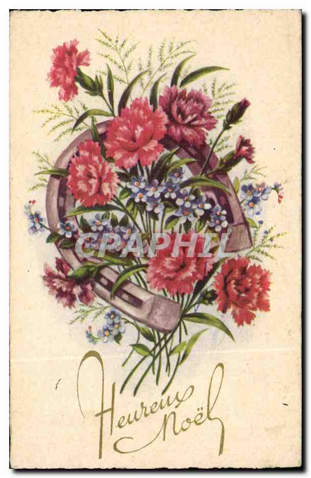 Fleurs Oeillet - Carnation - Heureux Noel Fer a cheval - CPA 