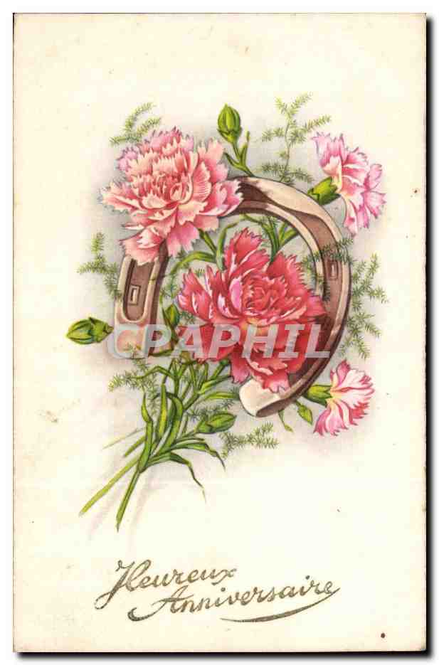 Fleurs Oeillet - Carnation - Heureux Anniversaire Fer a cheval - CPA 
