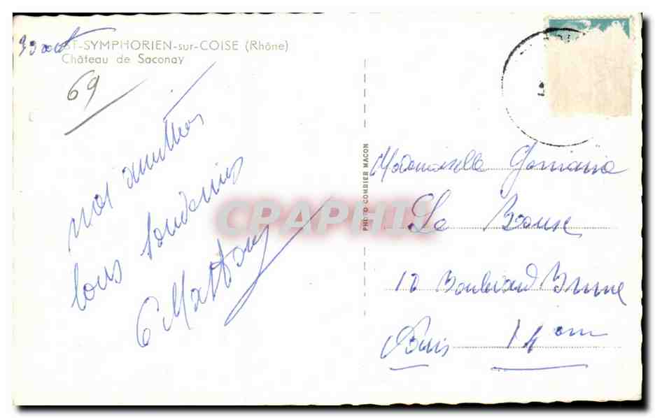 CPSM St Symphorien sur Coise Chateau de Saconay — Verso