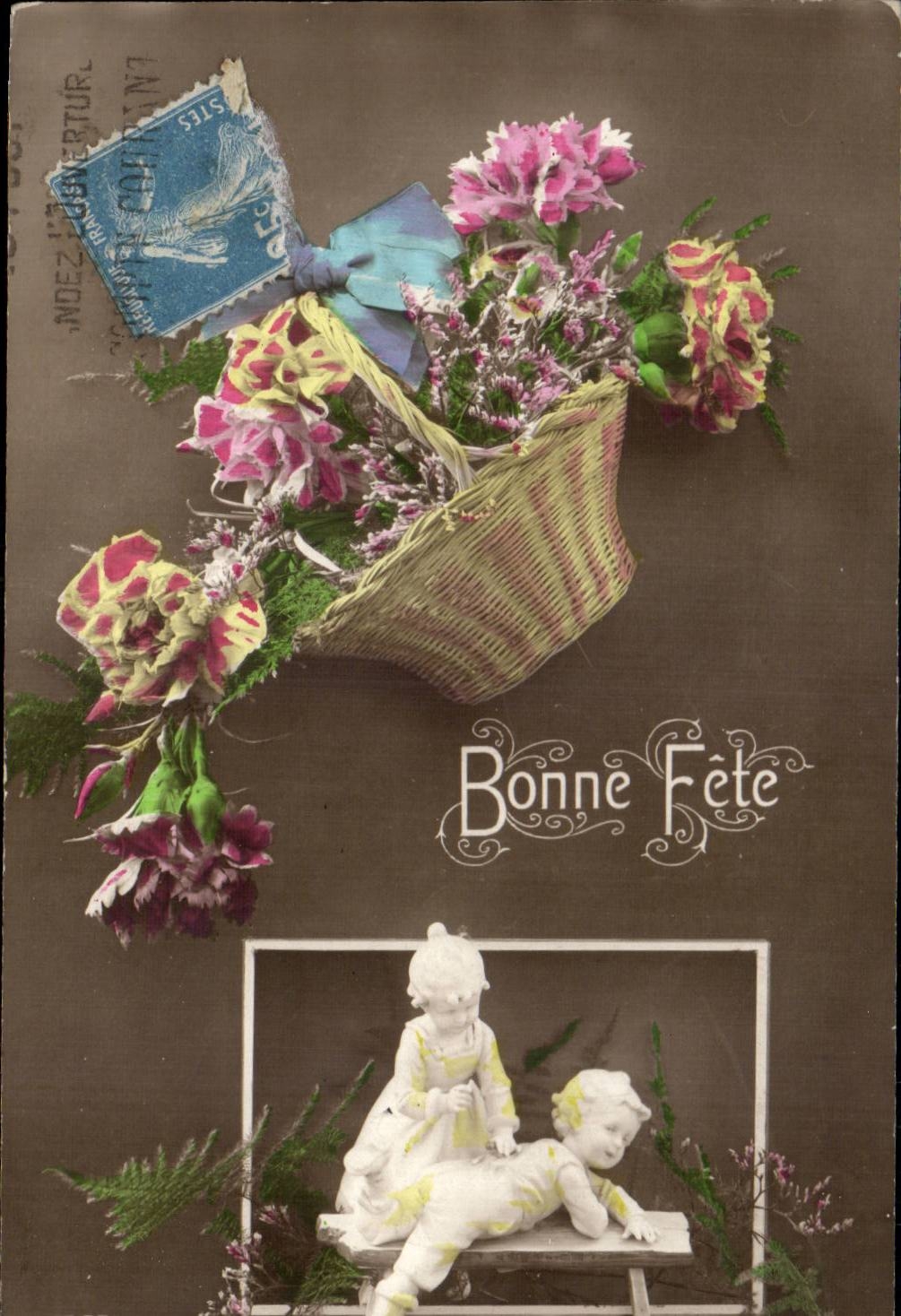 Bouquet de fleurs dans un panier — Bonne Fête — éditeur inconnu, n° de série non visible
