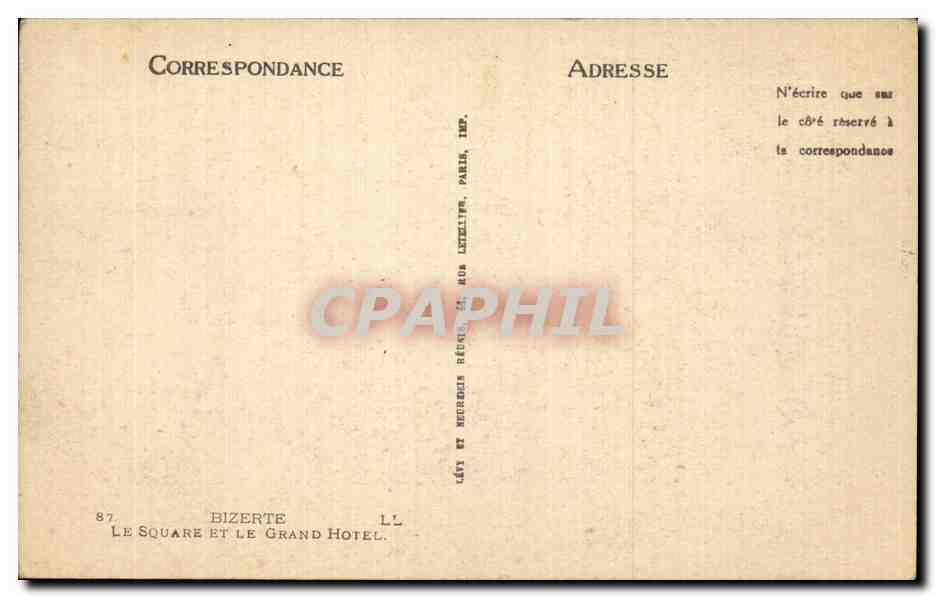 CPA Tunisie Bizerte Le square et le grand hotel — Rückseite