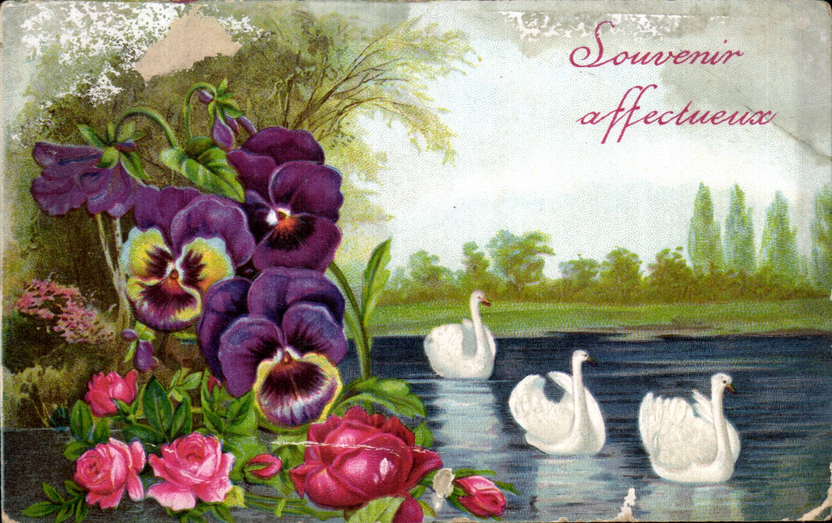 CPA Fantaisie Fleurs Cygne Swan 