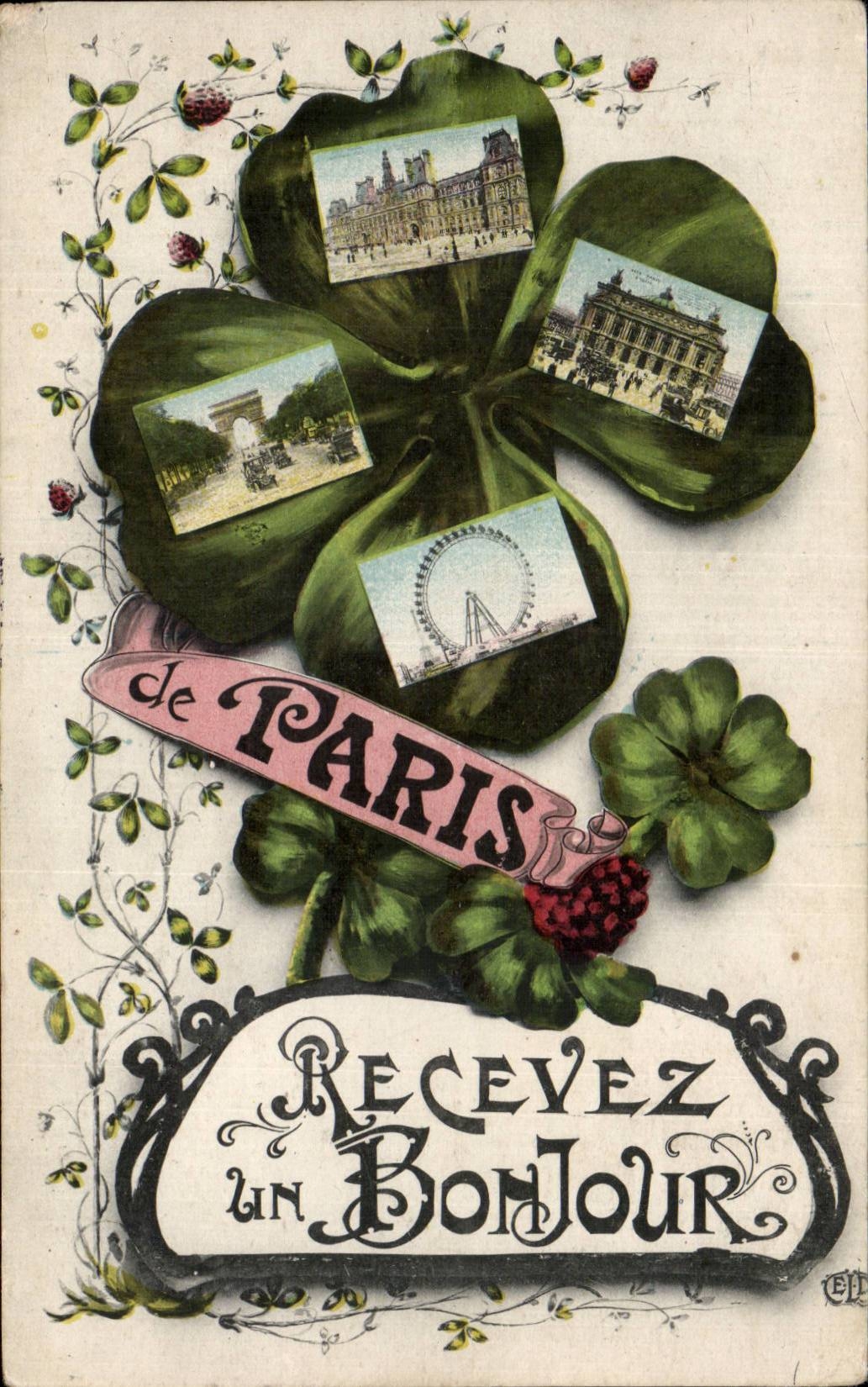 CPA Paris Recevez le bonjour Arc de Triomphe Opera Hotel de ville Trefle