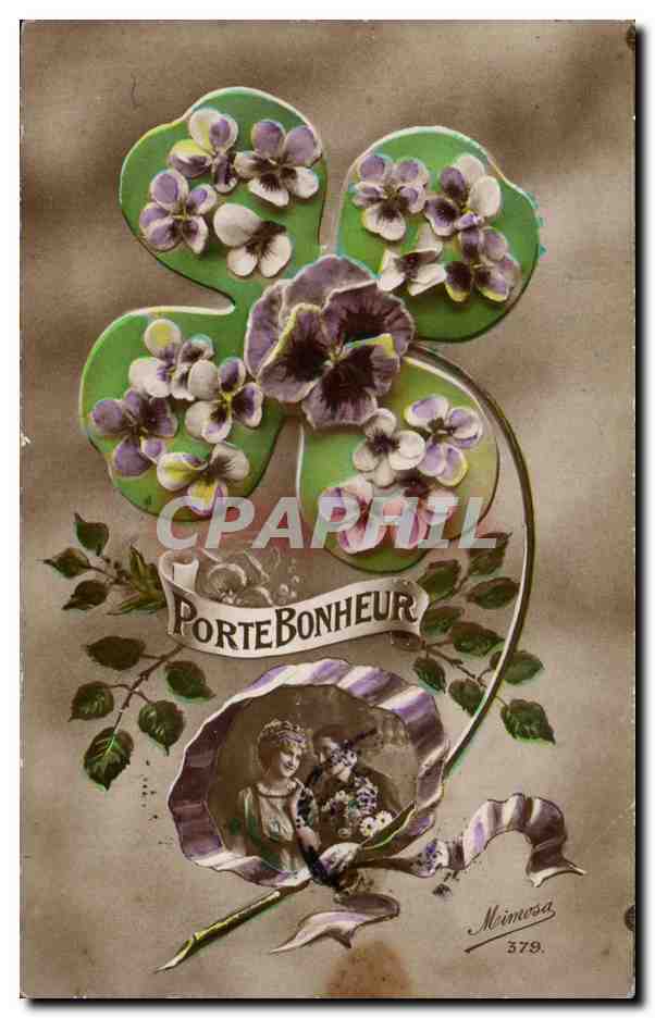 Fleurs Pensee - Pansy - Porte Bonheur - Trefle - Four leaf clover - CPA 