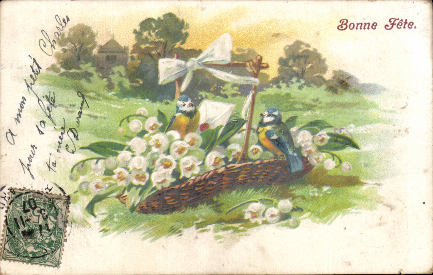 Bonne Fête — oiseaux et bouquet de muguet — éditeur non visible