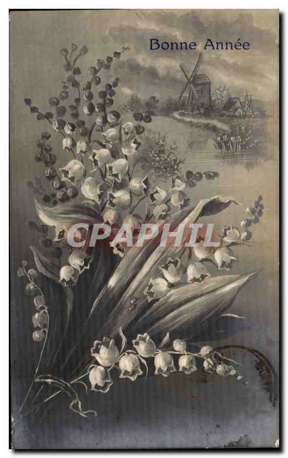CPA Fantaisie Fleurs Muguet Bonne annee Moulin Windmill