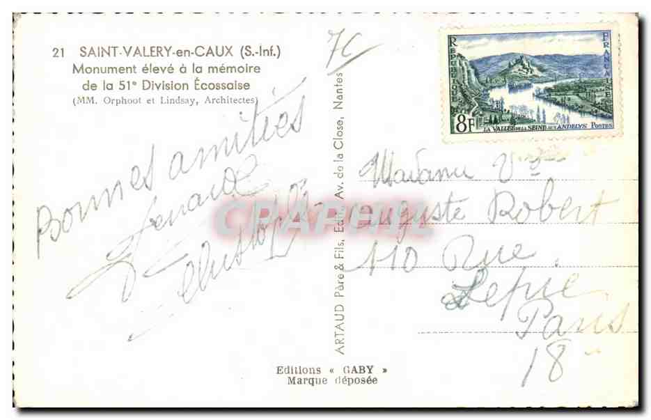Saint-Valery-en-Caux — Monument élevé à la mémoire de la 51e Division Écossaise — Éditions Gaby — Verso