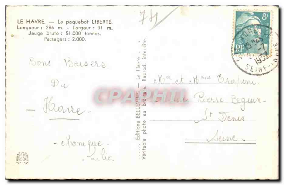 Le Havre — Paquebot "Liberté" — Éditions Bellevues, n°704 — Verso