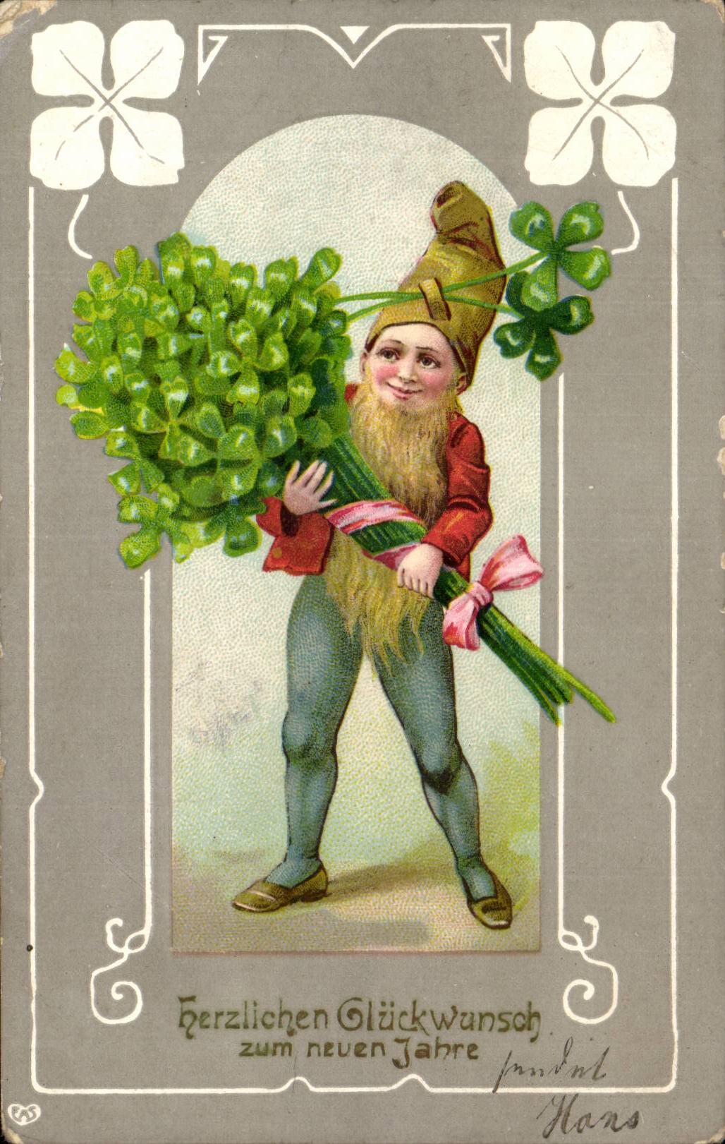 Gnome tenant un bouquet de trèfles — vœux de bonne année — éditeur Hans, n° de série non visible